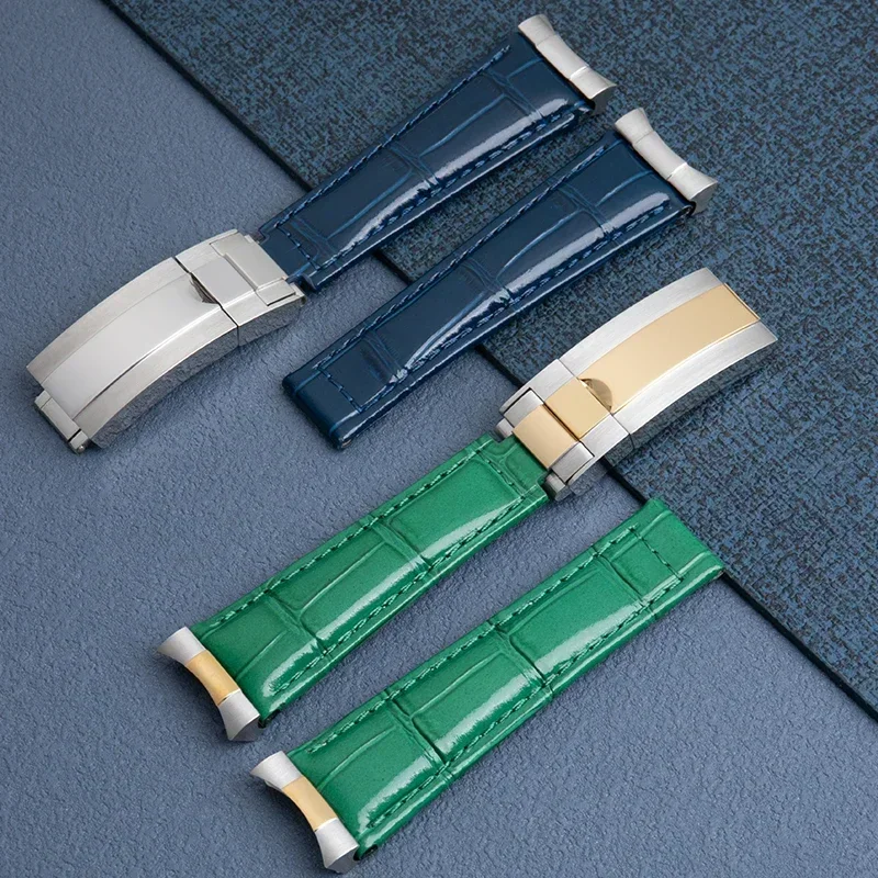 

20mm Seamless End Link With Soft Genuine Leather Watchband For Rolex Submariner GMT Strap Bracelets Adjustable Fold Buckle