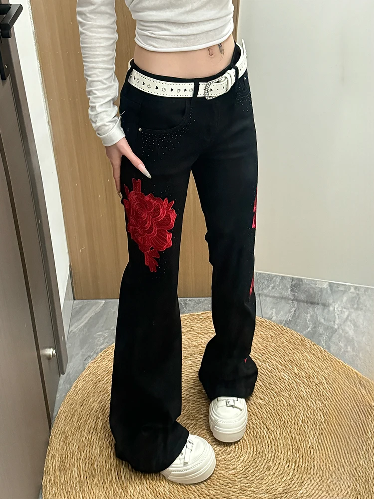

American High Street Faion Rose Embroidery Jeans Women's Spring New Spicy Design Sensation Micro Flared Floor-Length Pants