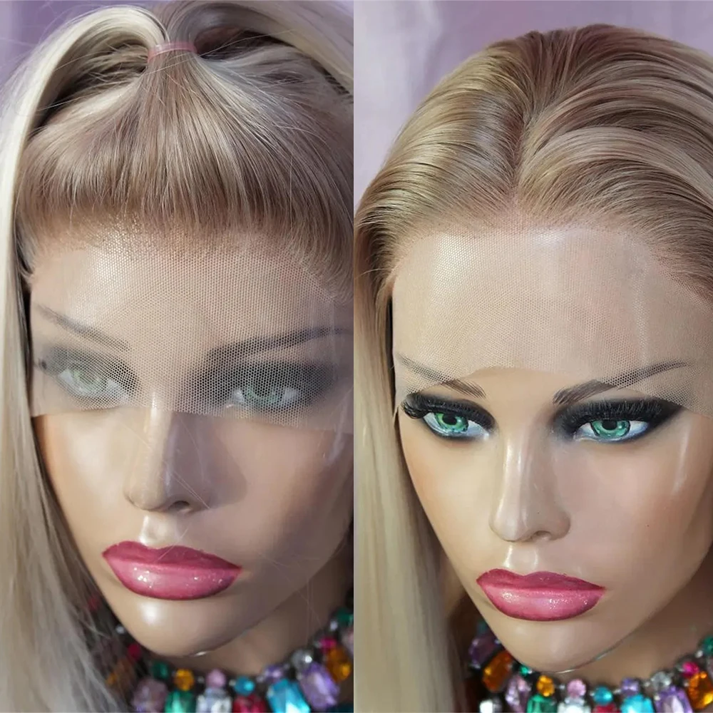 

Парик HD Lace с эффектом балаяж и омбре, прямой, средней длины, боб-каре, платиновый блонд с пепельными корнями, натуральный синтетический парик с кружевной передней частью, предварительно выщипанный