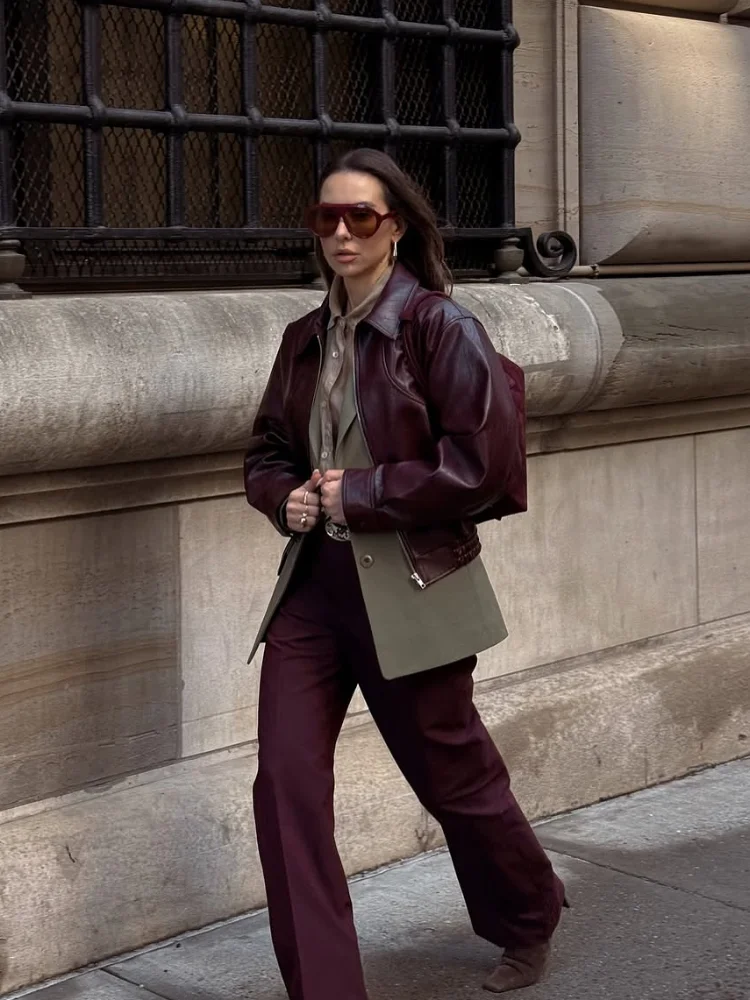 

Solid Lapel Leather Short Coat Women Retro Zipper Simple Long Sleeve Jacket Female New Autumn Fashion Casual Street Jackets 2025