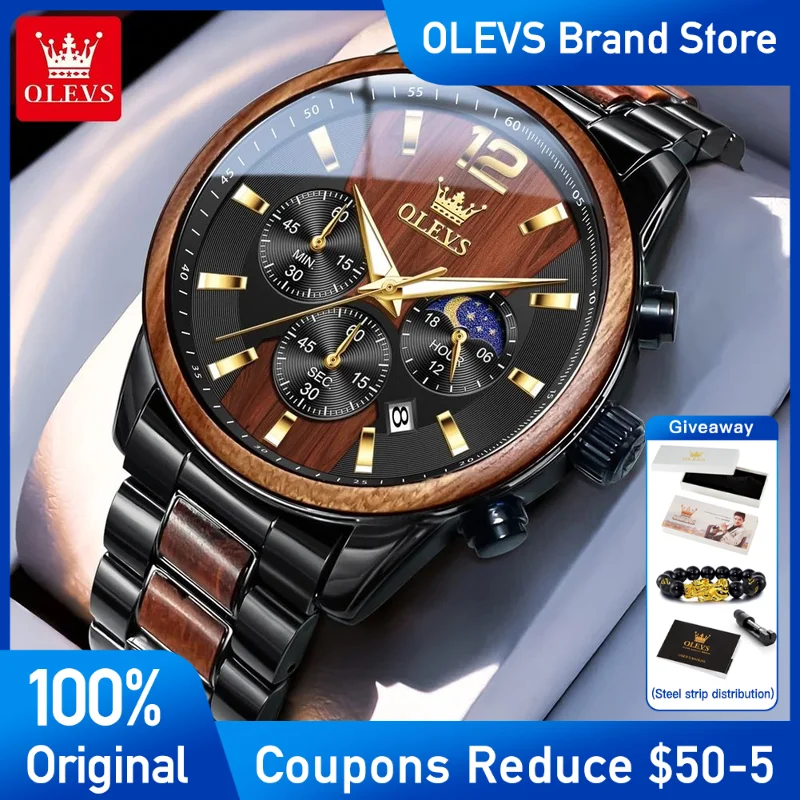 

OLEVS 3645 Mens Watch Original Business Top Brand Quartz Watch Solid Wood Multifunctional Chronograph Watch Moon Phase Reloj
