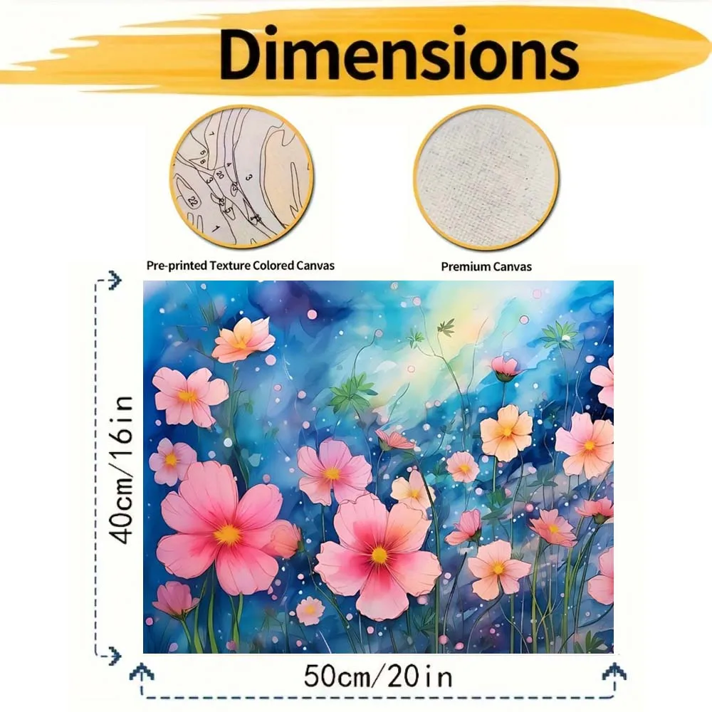 ألوان مائية وردية كوزموس زهور بتلات ناعمة مركز صفراء لتقوم بها بنفسك طقم طلاء زيتي رقمي للبالغين بدون إطار