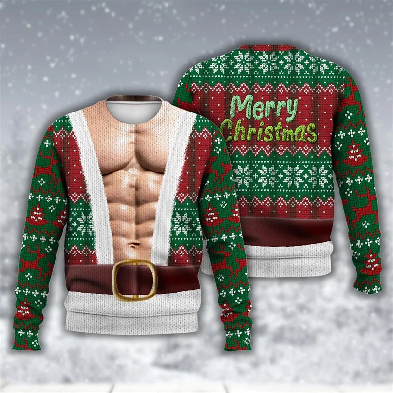 Unisex Ugly Christmas Sweatshirt For Men 3D Printed Funny Fake Muscles Graphic Pullover Sweatshirts Mens Oversized Tracksuit Top