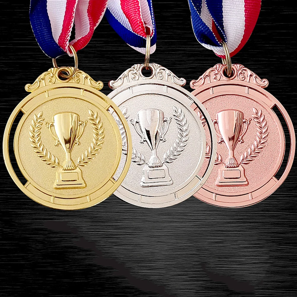 50-10PCS Trophy Pattern Award Medal 2 Inches Gold Silver Bronze Round Winner Medal with Neck Ribbon for Kids School Sports Match