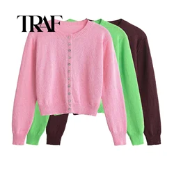 TRAF 2024 AutumnThin Knitted Women 3Color Cardigan Long SleeveSingle Breasted Short Sweater Jacket Y2K CropTop Pink 2756/104