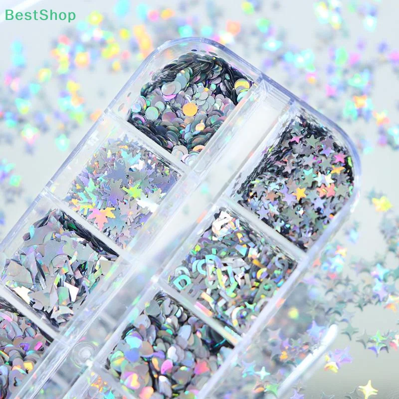 ★ ★ ★ 12 Siatek Pełny Laser Srebrne Cekiny do Paznokci Laserowe Liście Klonu Gwiazda Miłość DIY Naszywki do Paznokci DIY Narzędzia do Manicure