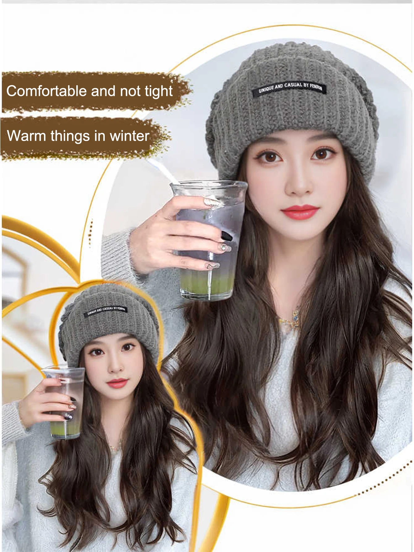 BEAUTYENTER Synthetic Hat Wig For Women With Long Hair Fashionable Autumn And Winter Warm Wool Knitted Beanie Curly Hair Wig Hat image 3