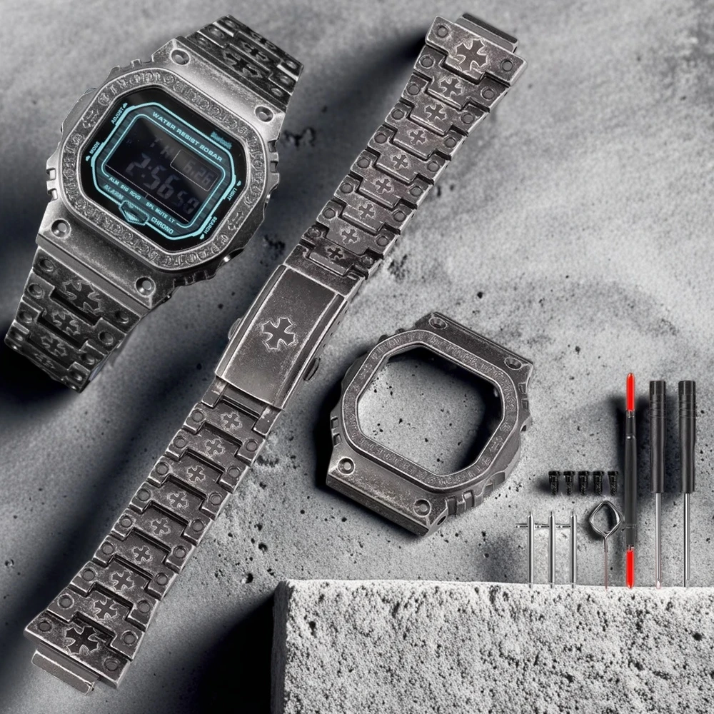 

Металлический ремешок для часов серии DW-5600, модифицированный для Casio G-Shock GW-B5600, мужской, ретро-дизайн, из нержавеющей стали, с инструментами для установки.