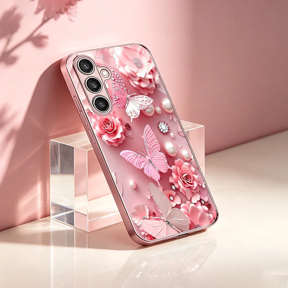 fluttering butterfly Tempered Glass TPU Fashion phone case for Samsung Galaxy S26/S25/S24/S23/S22/S21 FE Ultra Plus Shockproof