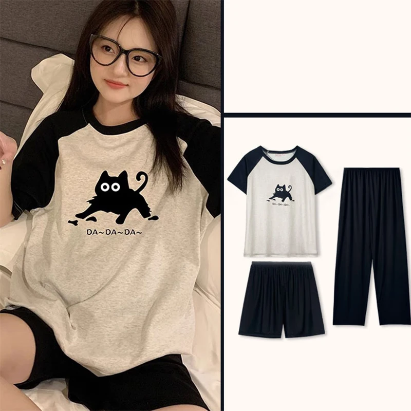 

Women's Pajamas Summer New Style Round Neck Short Sleeve Thin Style Sweet Girl Simple Casual Home Clothes Three-piece Set