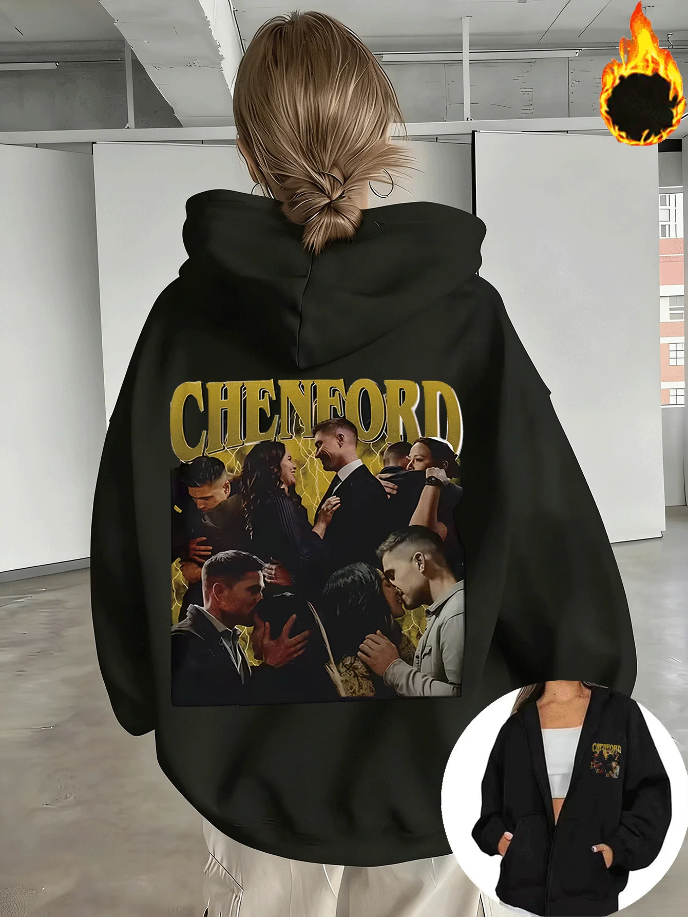Autumn Winter Women's CHENFORD Printed Pattern Lined Zip-Up Hoodie Sweatshirt Outerwear Jacket Casual Versatile