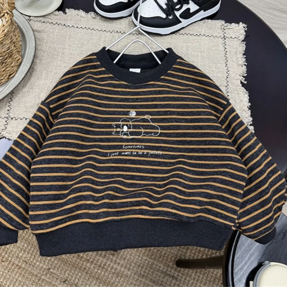 Boys Hoodie 2026 Autumn/winter New Childrens Clothing Korean Boys and Girls Cartoon Striped Foreign Style Round Neck Hoodie