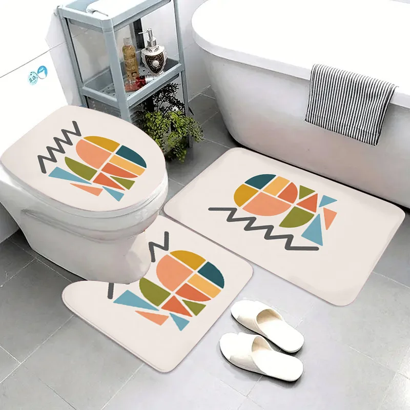

3Pcs Geometric Abstract Flannel Bath Mat Non Slip Absorbent Toilet Rug for Bathroom Kitchen Washable Home Decor
