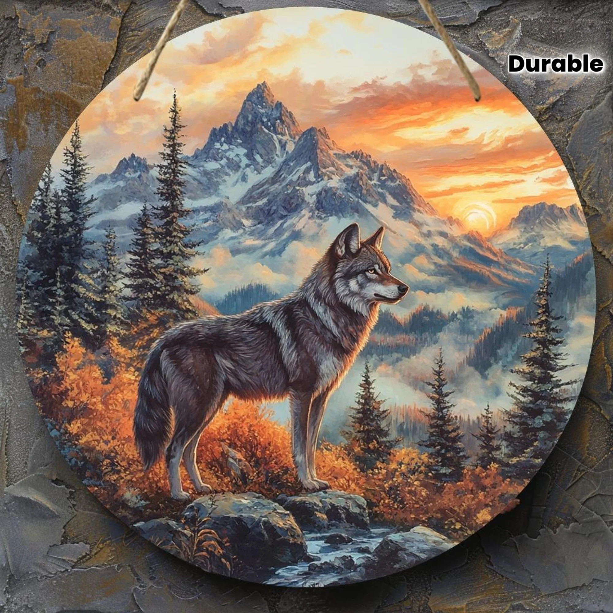 2D flaches 1-teiliges kreisförmiges Wandkunstschild aus Holz mit Wolfsthema – Berg- und Sonnenuntergangsszenen, perfekt für Häuser, Bars und Cafés
