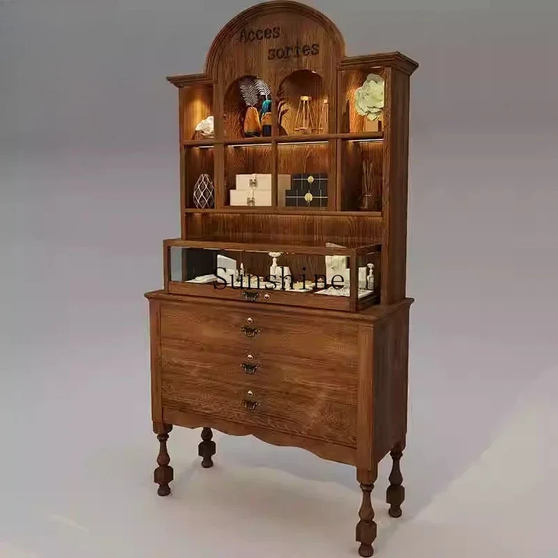 

Retro European jewelry display cabinet Wooden clothing store Shoes and bags displayed against the wall FT