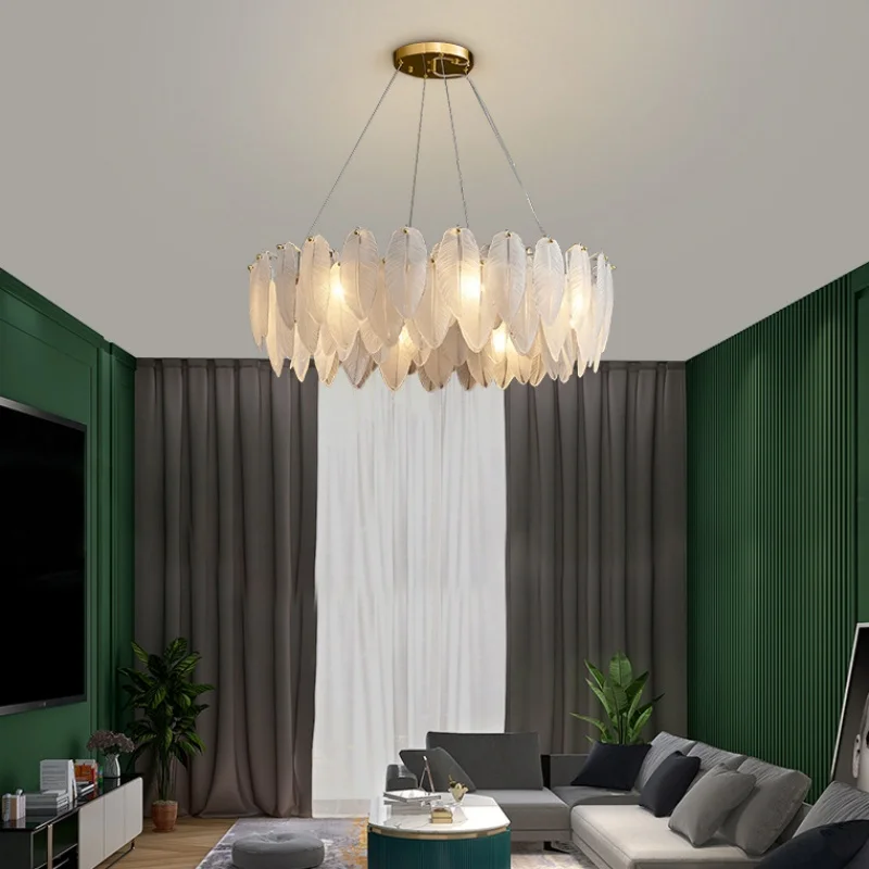 

Feather Glass Exquisite Romantic Pendant Light Modern Fancy Golden LED E14 Chandelier for Bedroom Living Room