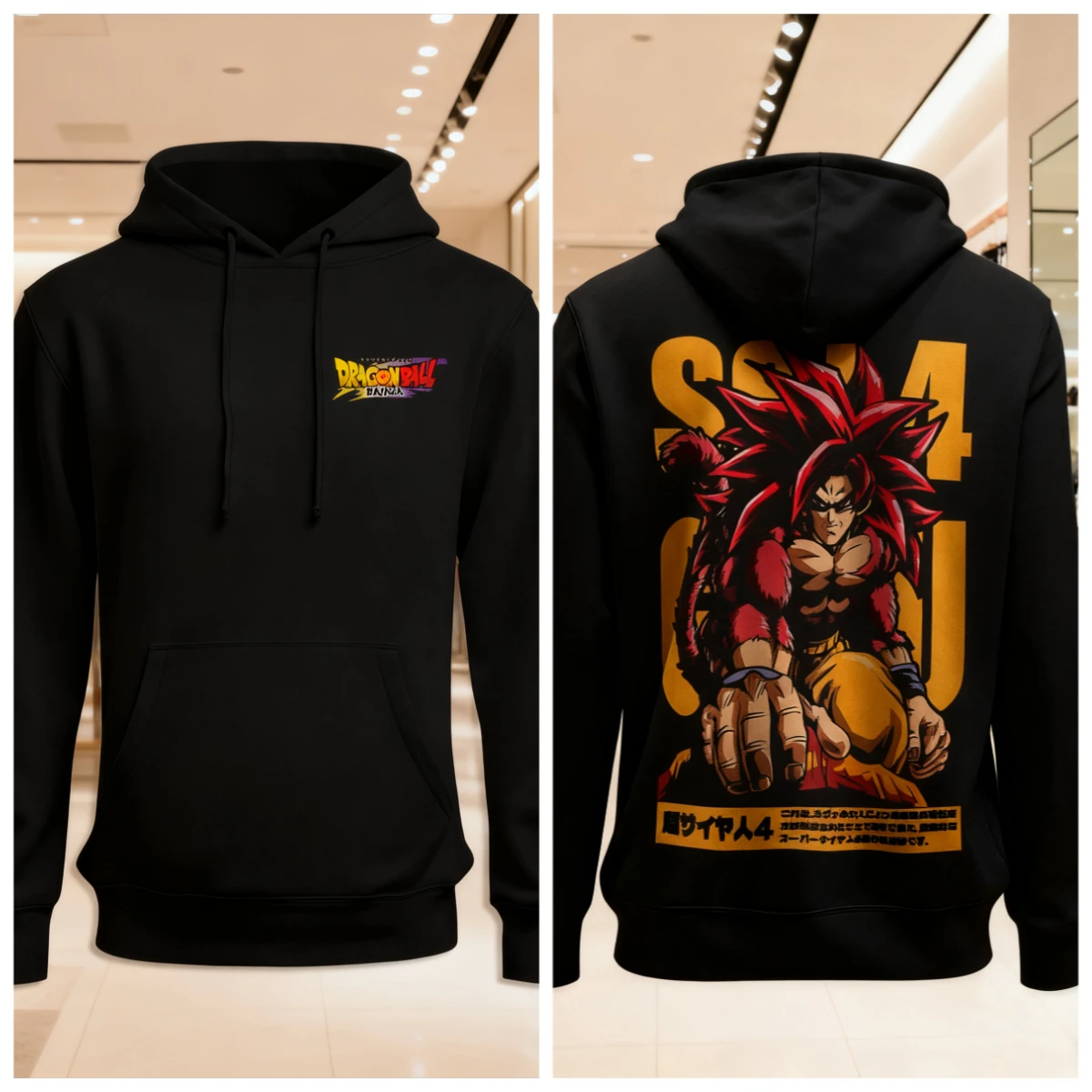 Dragon Ball Anime Goku Sudadera con capucha de algodón Color negro Estampado de personajes con Super Saiyan 4 Forma Pelo rojo Pantalones amarillos Diseño Casual