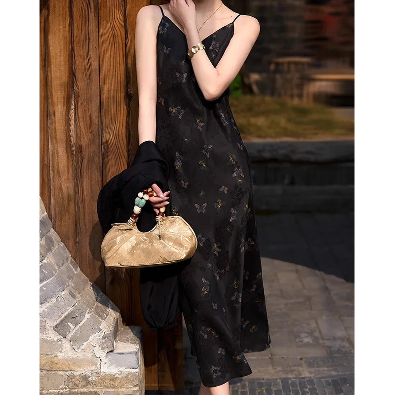 Winsleter-100%Real Silk Watered Gauze Elegant Dress, Butterfly Print, Women Retro Spaghetti Strap Dresses, 2026 Summer D64015CC