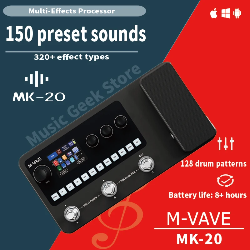 M-VAVE MK-20 Multi-Effects Processor for Guitar and Bass with Drum Machine, Looper, Tuner, Amp Simulator, USB Audio Interface