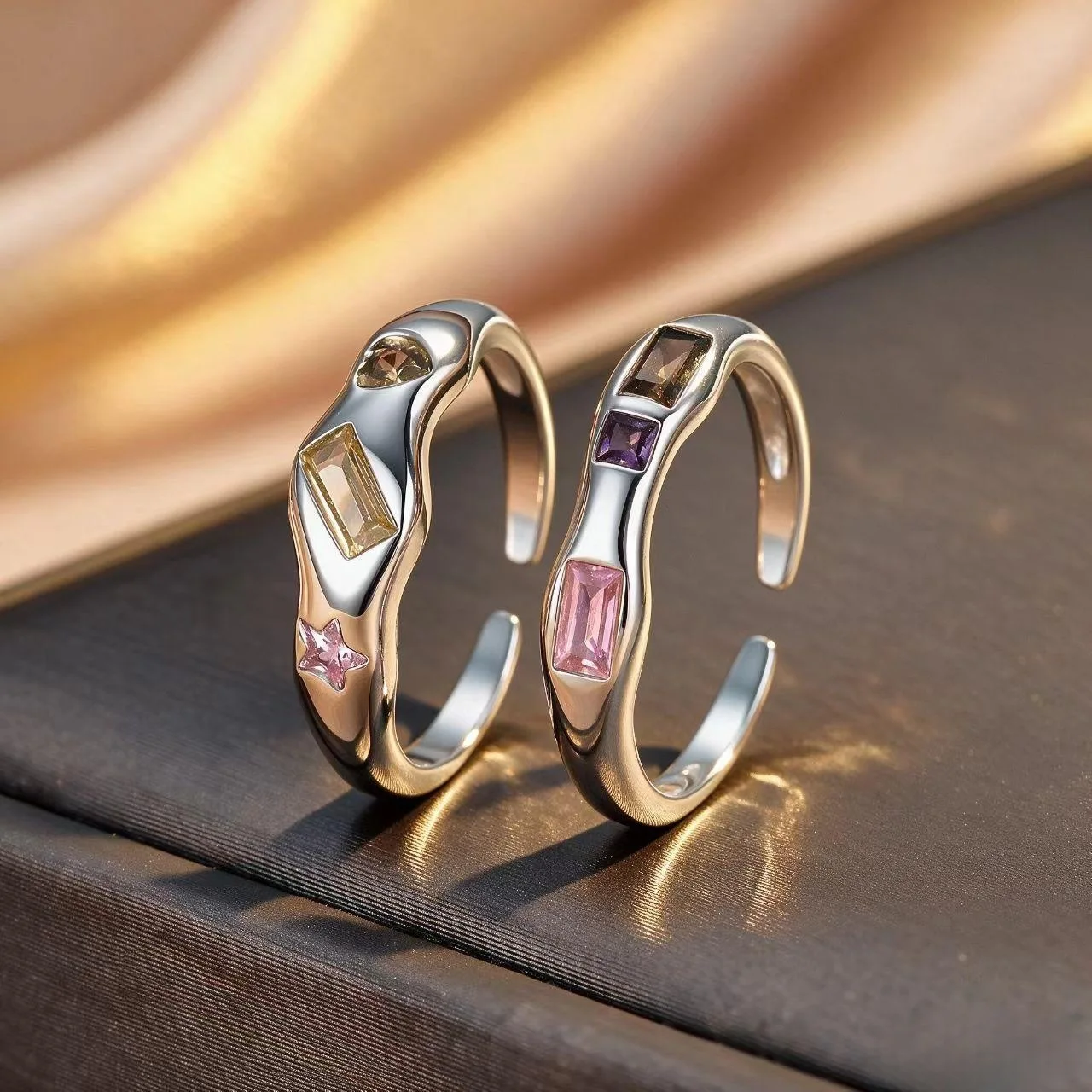 925 Sterling Silver Dopamine Colorful Zircon Heart Ring Irregular Open Adjustable Rings For Women Stackable Sweet Minimalist