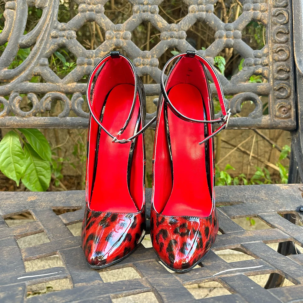 

Big Size 46 Customize Sexy 16cm Extreme High Heels Leopard Red inside Ankle Strap Stilettos Pumps Fetish SM Gay SM Unisex Shoes