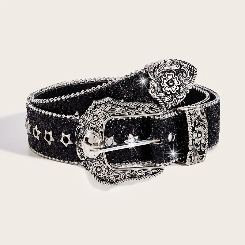 men fashion studded belts black silver soft leather belt party nightclub dress women's trendy waistband pin buckle strapon leash