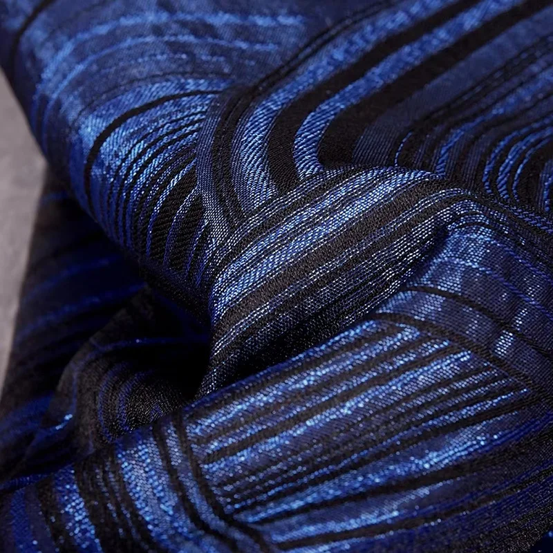 50cm Ethnic-Style Geometric Pattern Fabric Retro Blue Jacquard Fabric with Shimmering Texture Vintage Designer Fabric