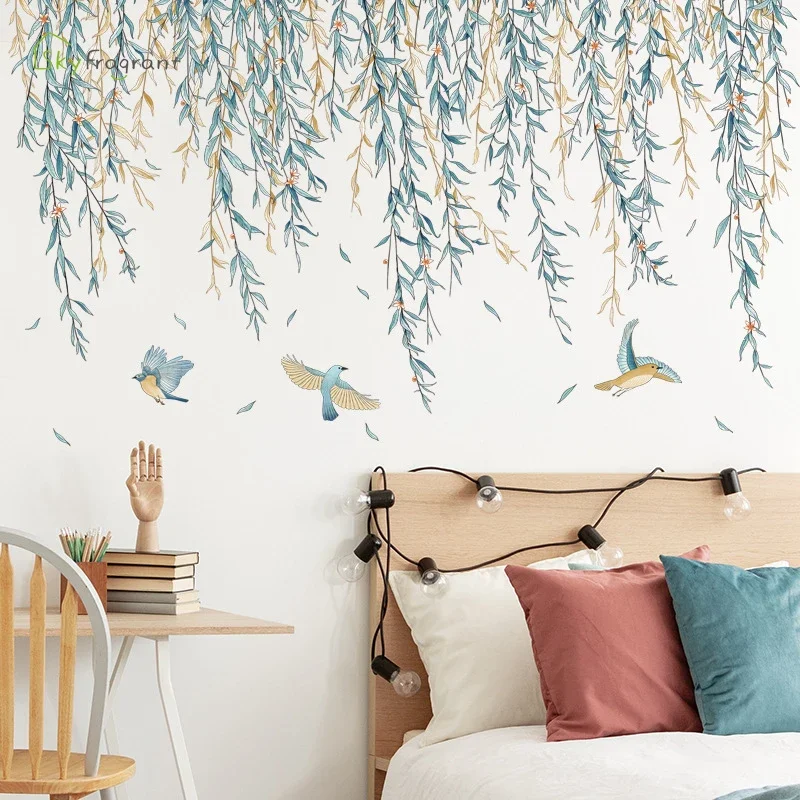 Nordic Willow Leaves Plant Wall Stickers For Living Rooms Bedroom Background Wall Decals Home Decor Self-adhesive Vinyl Stricker