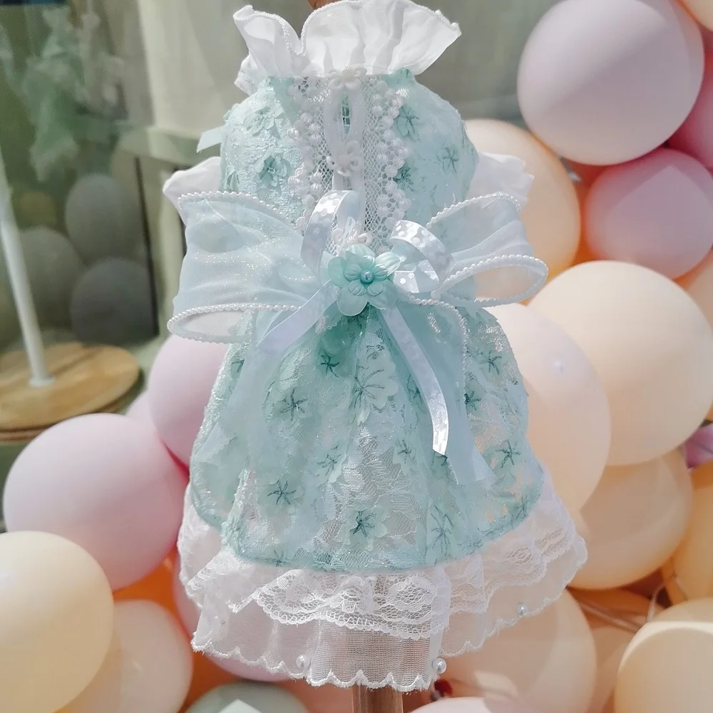 

Handmade Dog Clothes Pet Supplies Dresses Mint Green Embroidery Lace Doll Floral Summer Shirt One Piece Soft Breathable Sunny