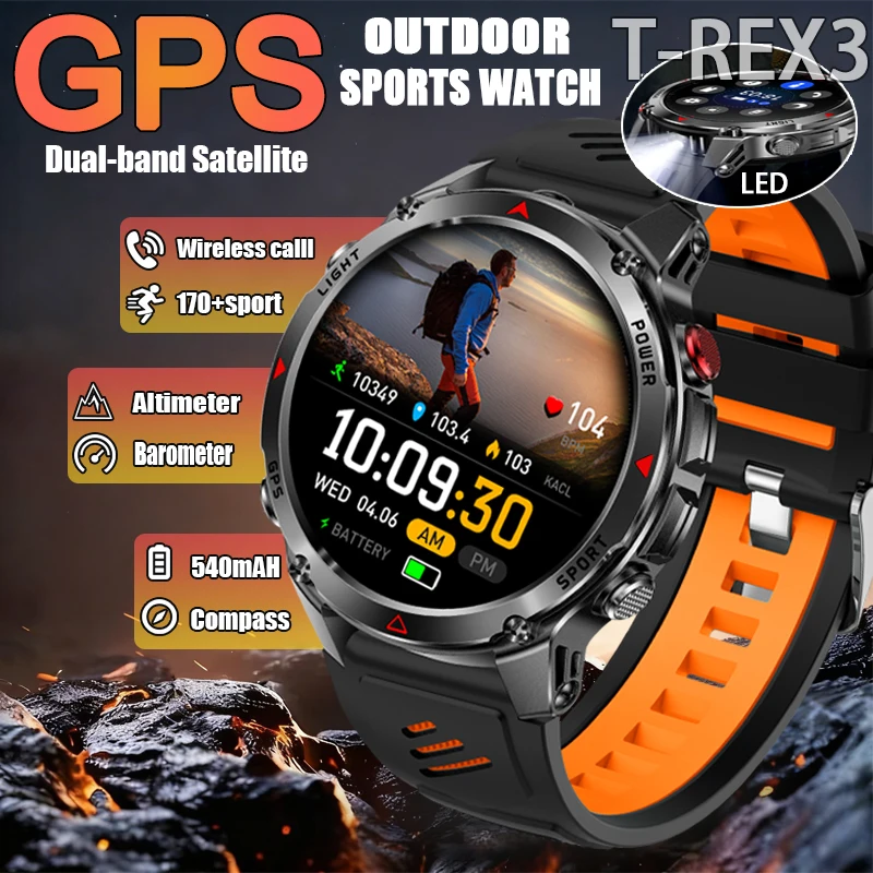 

Смарт-часы 2025 T-Rex 3 для мужчин со встроенным GPS, аккумулятором 540 мАч, водонепроницаемым компасом, барометром, высотомером, спортивными умными часами