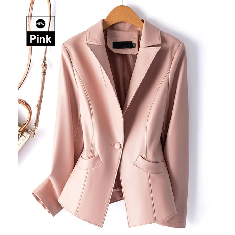 M-5XL Pink Sheepskin Jackets Women Long Sleeve Single Button Coats 2024 Chic Ladies Turn down Collar Slim Split Leather Jackets