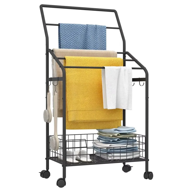 Towel Rack 5 Tiers Metal Bath Mobile Living Room Organizer with Wheels for Pool Hot Tub Blanket Storage and Bathroom Storage