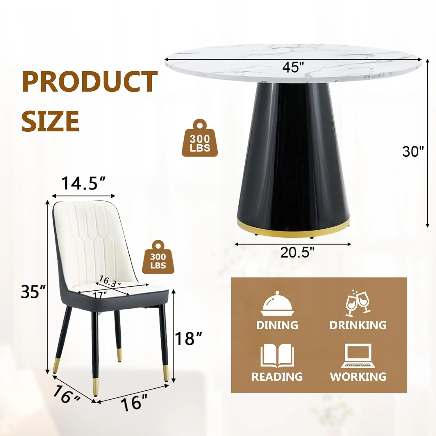 Round Dining Table Set for 4, 45''Marble Grain Dining Room Table Set for 4 with Upholstered Chairs, Modern Dinner Table image 3