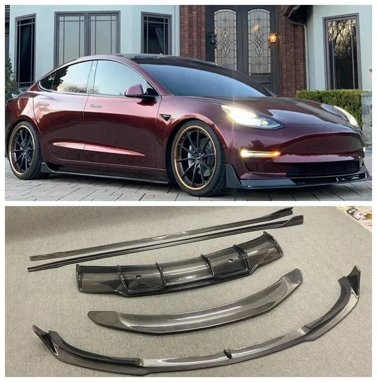 

High Quality Carbon Fiber Spoiler+Front Lip Splitters+Rear Bumper Lip Diffuser Side skirts Protector For Tesla Model 3 2018-2022