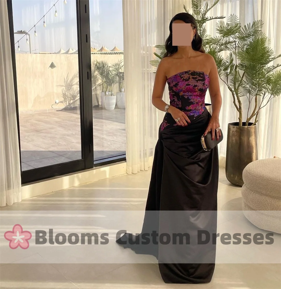 Customized Shiny Purple Textured Print Chic Evening Dresses Floor-length Strapless Satin Formal Prom Dress Black Party Gown