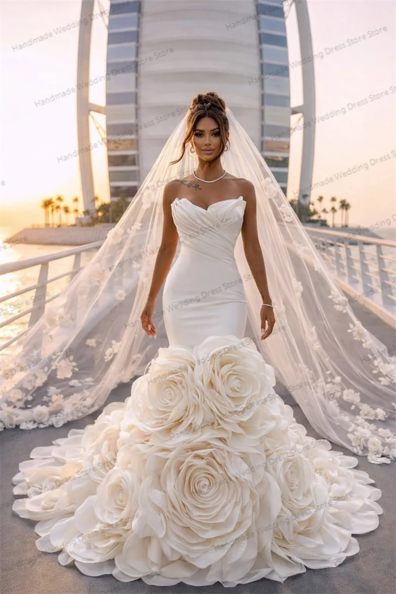

Luxury Ivory Wedding Dress Sexy Strapless Sleeveless 3D Flower Mermaid Bridal Gown Customized Beach Garden Long robe de mariée