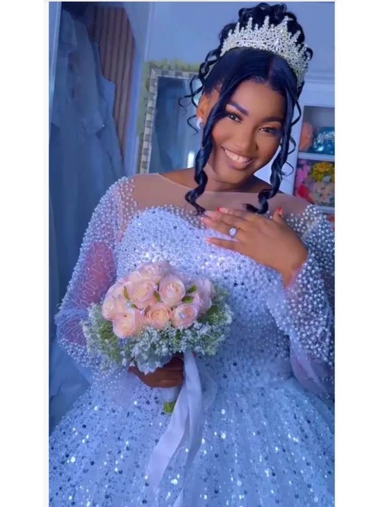 Customized 2026 Elegant African Style Wedding Dress With Round Neck Long Sleeved Off White Pearl Sequins Backless Straps