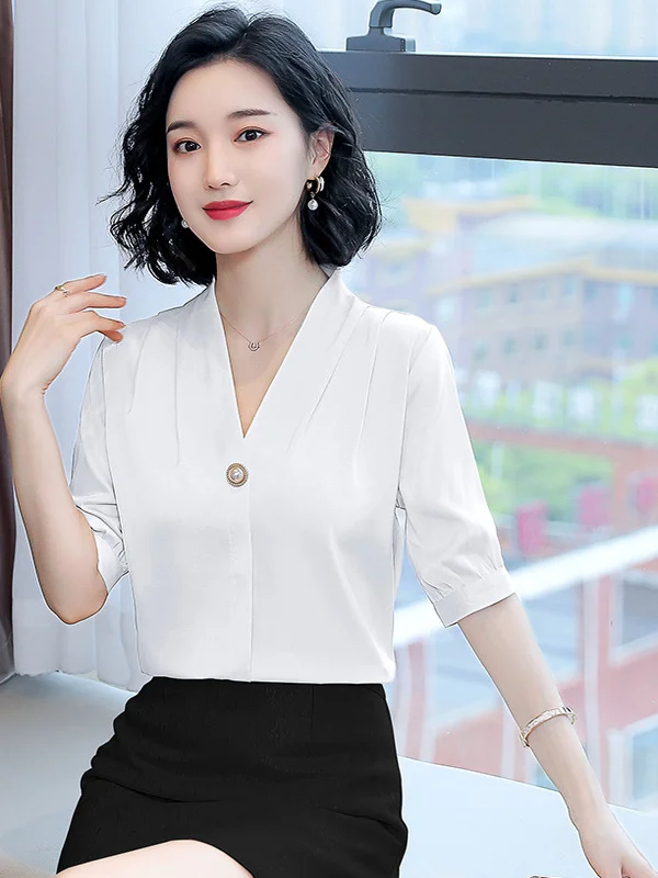 

Ele V-Ne ort Sve Satin irt Women's Pure Color Top Faionable Mommy's Summer New Arrival High-End T-irt