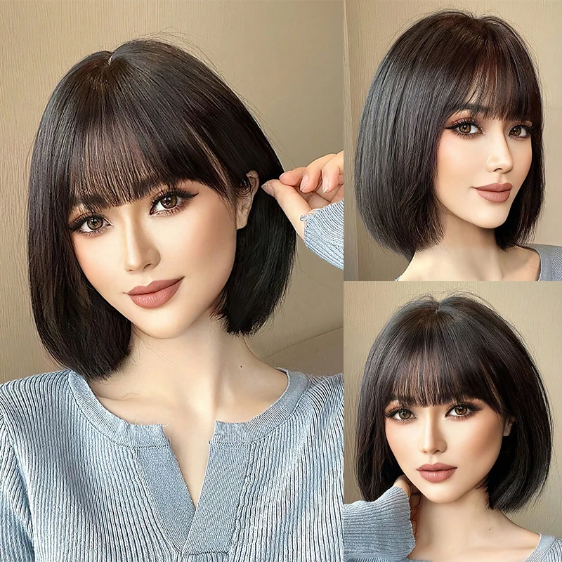 Bob Short Straight Synthetic Wigs with Bangs Black Hair Wigs for Women Daily Cosplay Party Wigs Heat Resistant