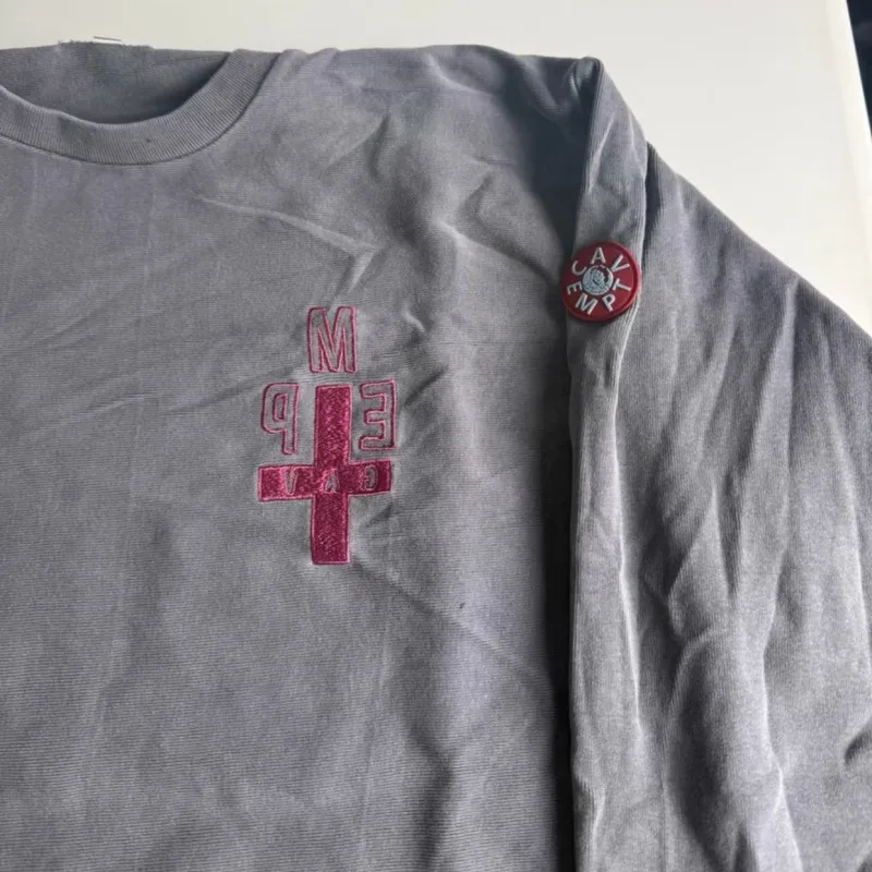 

Heavy Washed Wax CAVEMPT Sweatshirt Loose Fitting Long Sleeved Tshirt Embroidered Letters Abstract Print Pullover Men Women Tops