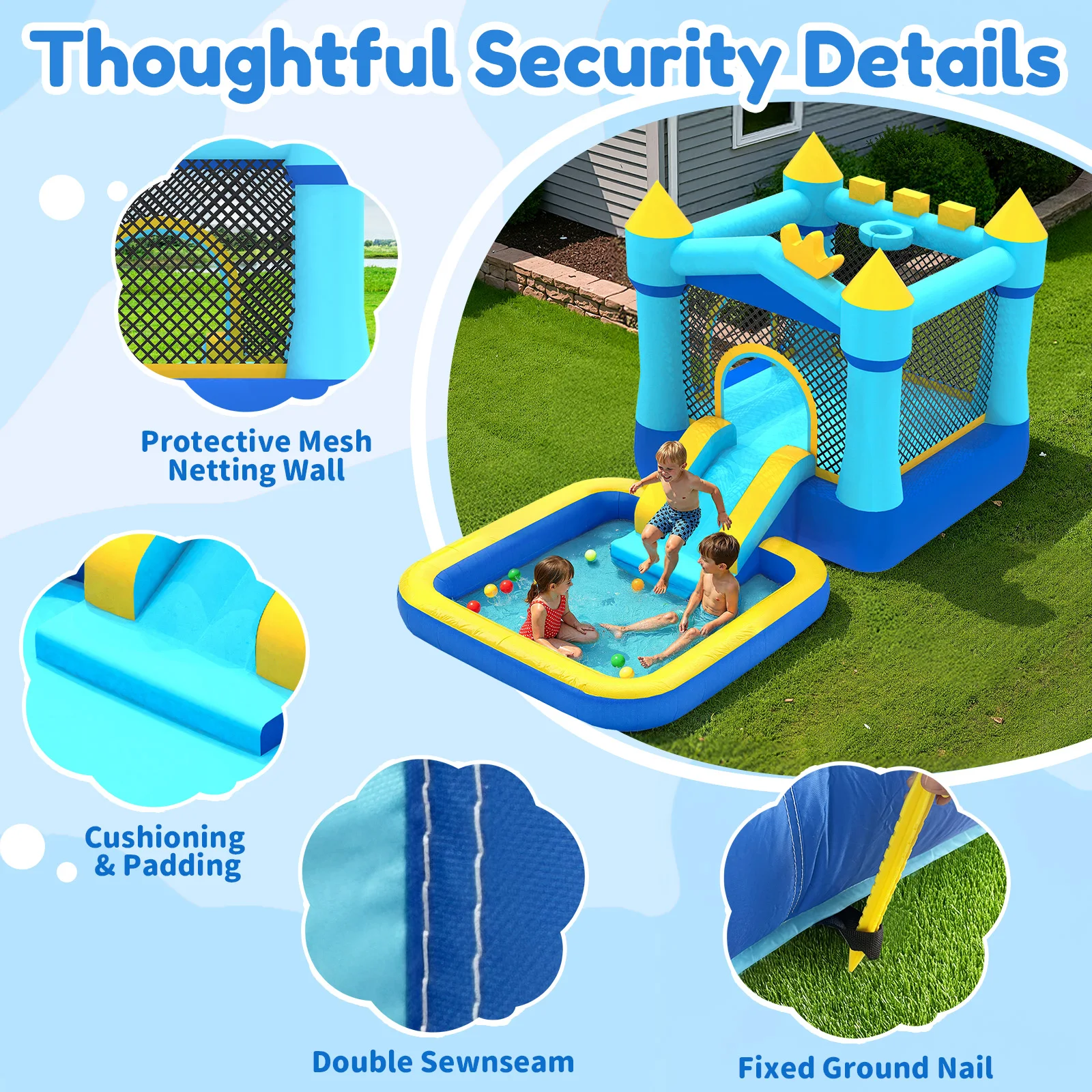 บ้านลมพร้อมสไลเดอร์ สระน้ำ และเครื่องเป่าลม บ้านลมขนาดใหญ่สำหรับเด็กอายุ 3-8 ปี ของขวัญสำหรับงานปาร์ตี้