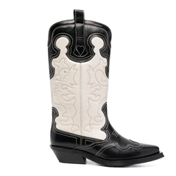 Sexy Pointed Toe Women Mid-Calf Boots Balck and White Mixed Color Embroidery Ladies Knight Boots Fashion Cowboy Short Boots