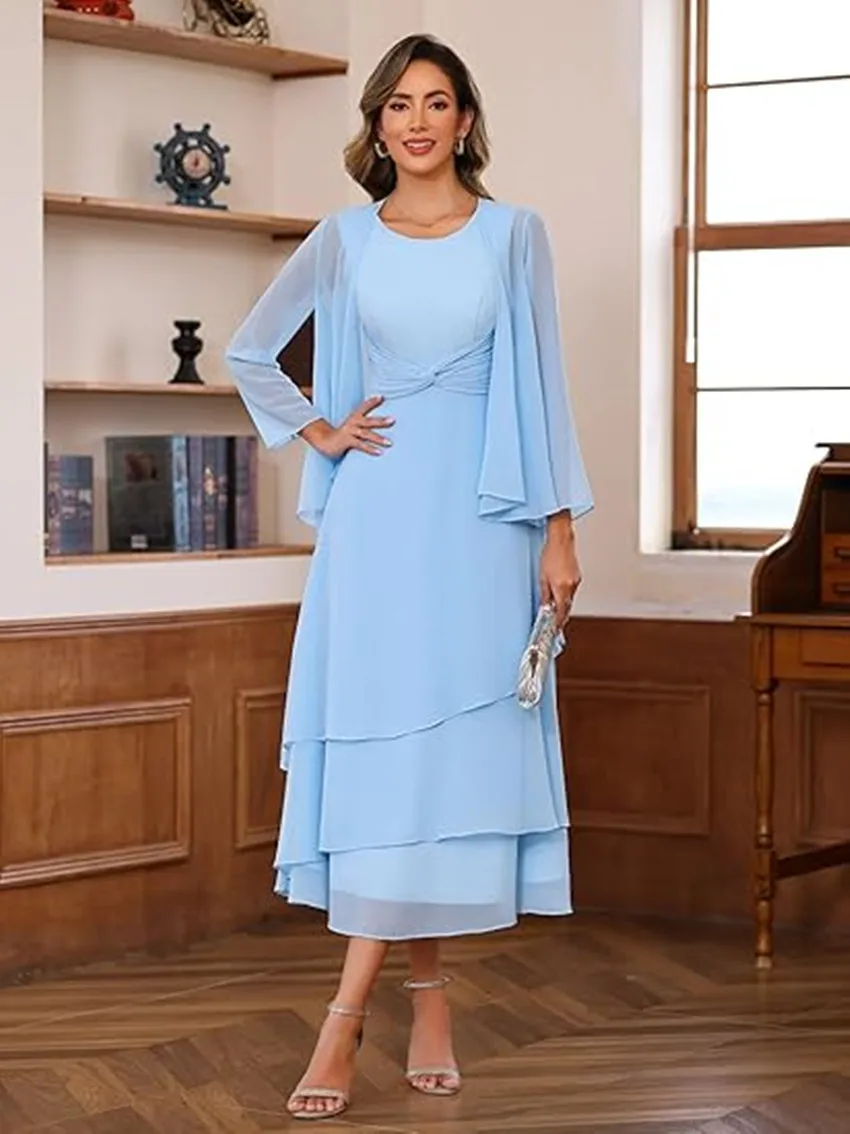 

Customized Elegant Mother of The Bride Dresses With 2 Piece Jacket Chiffon Wedding Guest Dresses A-Line Formal Evening Dress
