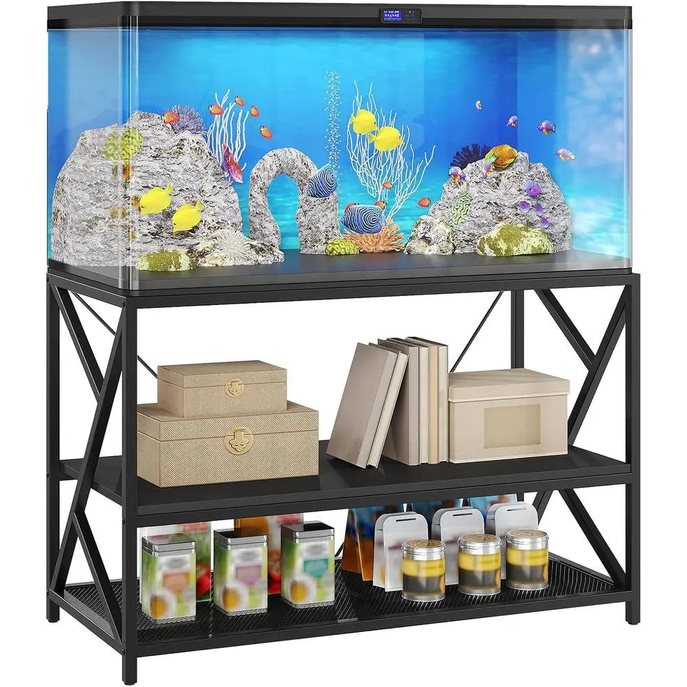 Heavy Duty 55-75 Gallon Metal Tank Stand with 3-Tier Storage Shelf, Suitable for Aquariums, Reptiles, and Turtles