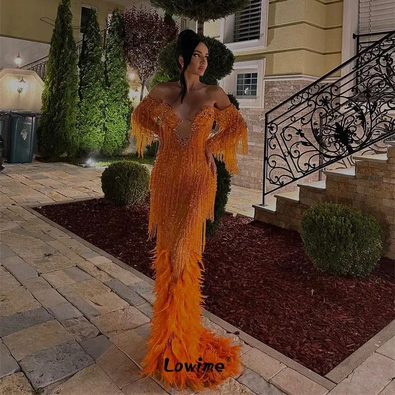 2024 Luxury Feathers Prom Dress Orange Tassels Beaded Evening Gowns Aso Ebi Crystal Mermaid Engagement Party Dresses For Wedding