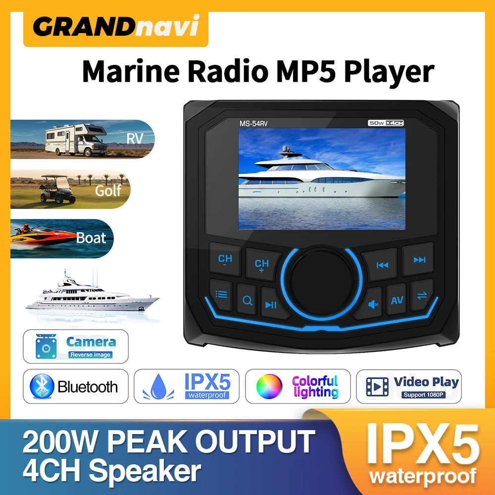 

MP5 Player Marine Radio Boat Stereo Bluetooth IPX5 Waterproof FM AM RDS Digital Media Audio For RV Yacht ATV UTV Golf Cart