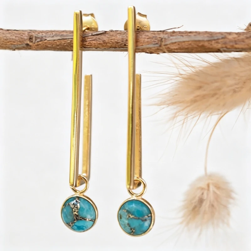 Böhmischer Stil Synthetische Türkis Lange Tropfenohrringe Damen Mode Vintage Vergoldet Bankett Urlaub Schmuck Accessoires