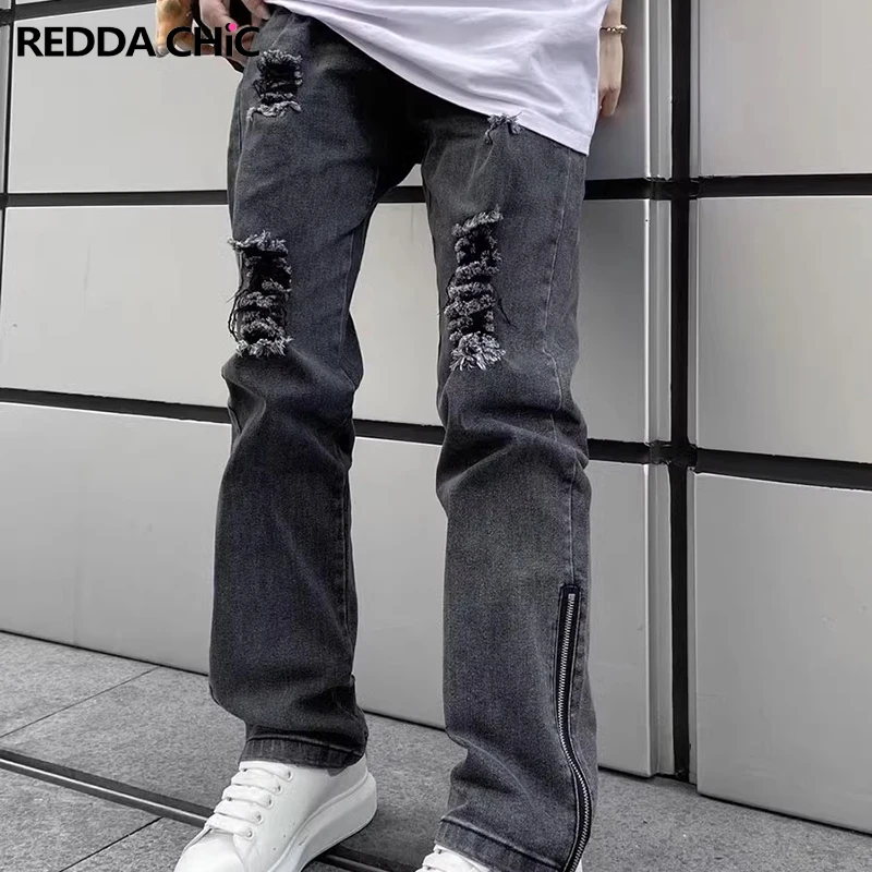 

Vintage Washed Destroyed Jeans for Men Ripped Holes Denim Pants Stretchy Straitght Side Zipper Split Male Trousers Streetwear