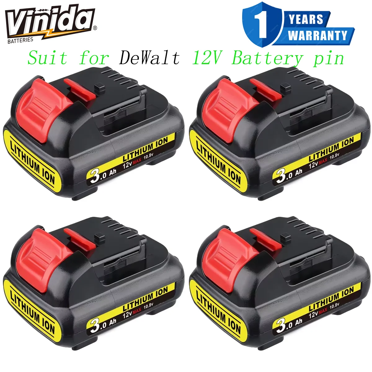 

VINIDA DCB120 1/2/4Pack 3.0Ah 12V Lithium Battery Replace for DeWalt DCB123 DCB101 DCB119 DCD700 Electric Tools Battery pin