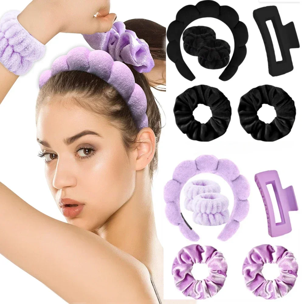 6pcs/set Women\'s SPA Hairband Set Headband Hair Hoop Claw Clip Velvet Hair Hoop Wristband for Washing Face Skincare Makeup Wear